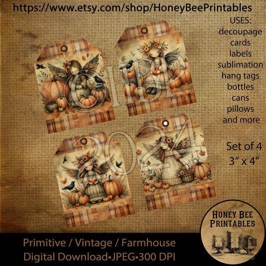 Digital Download, Printable, Decoupage, Primitive, Halloween, Fall Angel, Autumn Pumpkins, crows, cards, tags, Set of 4, 3x4, use for dolls