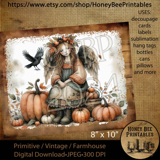 Digital Download, Printable, Decoupage, Vintage, Primitive, Fall, Autumn, Crows, Jack-O-Lantern, Fall Angel, 8x10 labels, tags, 5