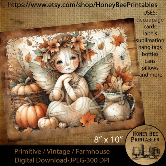 Digital Download, Printable, Decoupage, Vintage, Primitive, Fall, Autumn, Crows, Jack-O-Lantern, Fall Angel, 8x10 labels, tags, 6