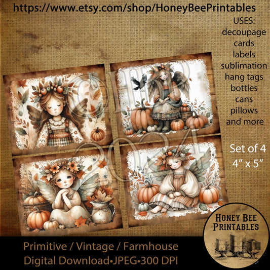 Digital Download, Printable, Decoupage, Primitive, Halloween, Fall Angel, Autumn Pumpkins, crows, cards, labels, tags, Set of 4, 4x5, #2