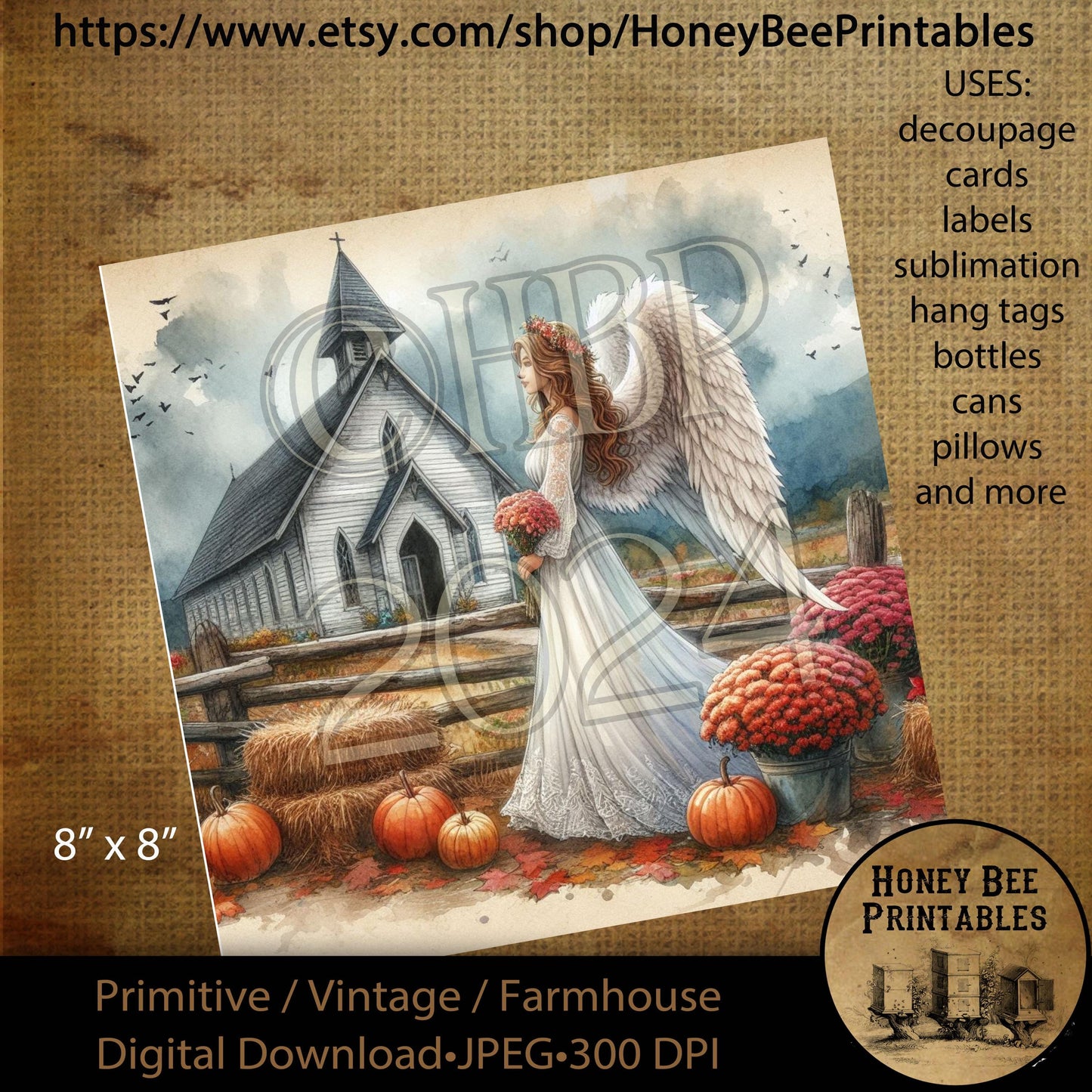 Digital Download, Printable, Decoupage, Vintage, Primitive, Fall, Autumn, Angel, Chapel, Pumpkins, Mums, Fall Angel, Church, 8x8, #2
