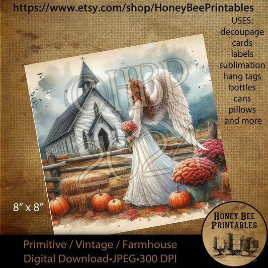 Digital Download, Printable, Decoupage, Vintage, Primitive, Fall, Autumn, Angel, Chapel, Pumpkins, Mums, Fall Angel, Church, 8x8, #2