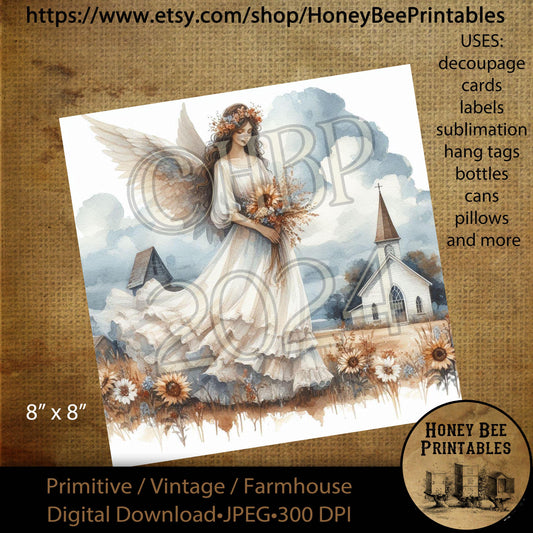 Digital Download, Printable, Decoupage, Vintage, Primitive, Fall, Autumn, Angel, Chapel, Wildflowers, Fall Angel, Church, 8x8, #3