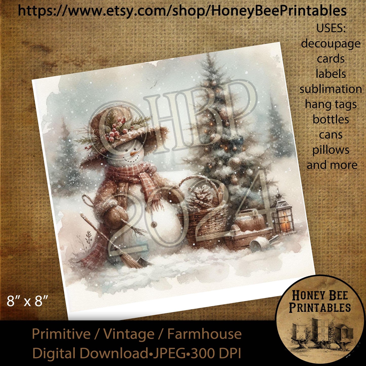 Digital Download, Printable, Decoupage, Vintage, Primitive, 8x8, #2 Country Primitive Snowman, Christmas Tree, Winter, Snow, Snowmen