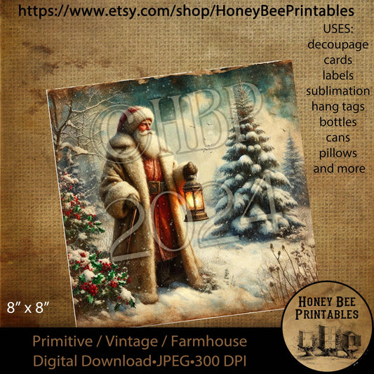 Digital Download, Printable, Decoupage, Vintage, Primitive, 8x8, Christmas Tree, Snow, Vintage, Old World Santa, Santa Claus, Lantern, #2