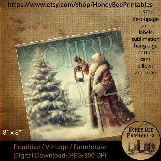 Digital Download, Printable, Decoupage, Vintage, Primitive, 8x8, Christmas Tree, Snow, Vintage, Old World Santa, Santa Claus, Lantern, #4