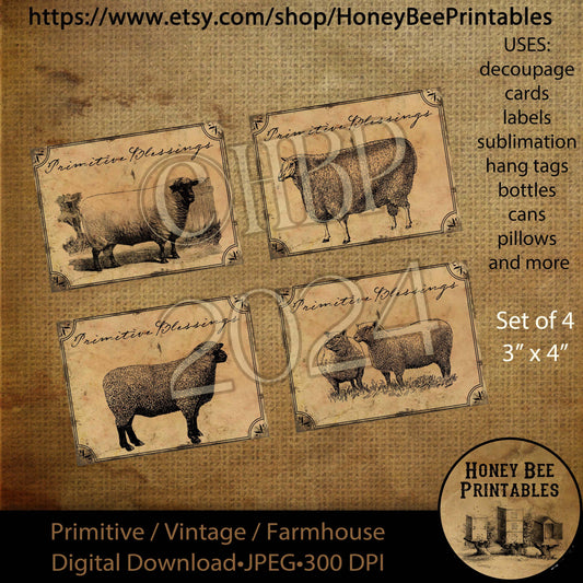 Digital Download, Printable, Decoupage, Vintage, Set / 4, Primitive Labels, Sheep Labels, Suffolk Sheep, Use for Jars, Cans, Tags, Books