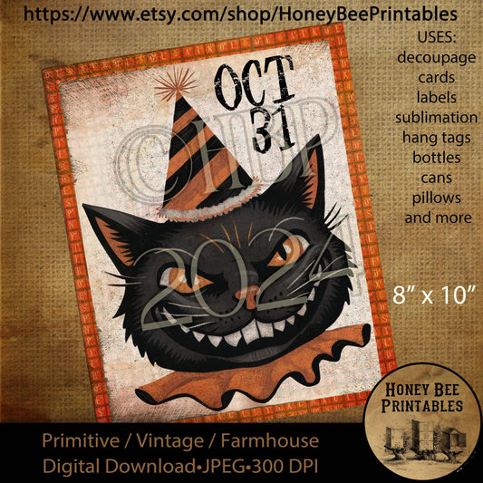 Digital Download, Digital Art, Printable, Decoupage, Vintage, Primitive, Halloween Black Cat, Black Cat, Whimsical, Oct 31, Fall, Autumn