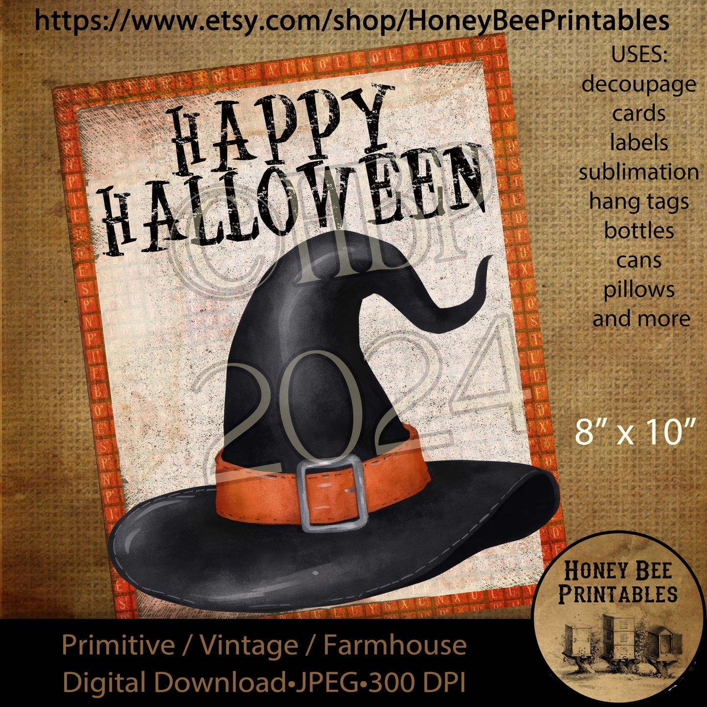 Digital Download, Digital Art, Printable, Decoupage, Vintage, Primitive, Fall, Autumn, Happy Halloween, Witch Hat, Whimsical, Witch, 8x10