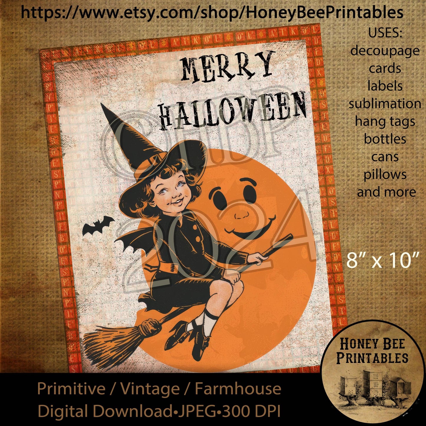 Digital Download, Digital Art, Printable, Decoupage, Vintage, Primitive, Fall, Autumn, Merry Halloween, Witch Hat, Whimsical, Witch, 8x10