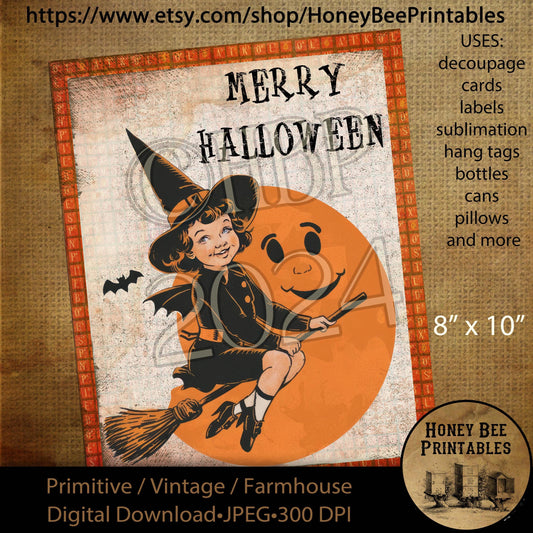Digital Download, Digital Art, Printable, Decoupage, Vintage, Primitive, Fall, Autumn, Merry Halloween, Witch Hat, Whimsical, Witch, 8x10
