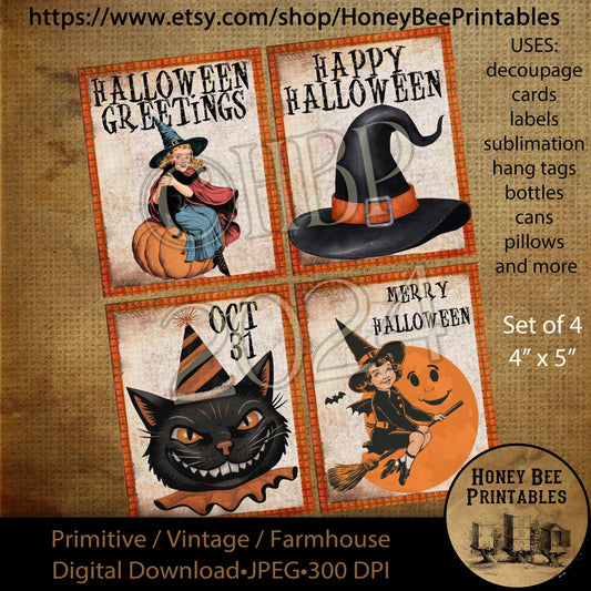 Digital Download, Digital Art, Printable, Decoupage, Vintage, Primitive, Fall, Autumn, Halloween, Witch, Black Cat, Witch Hat, Set of 4, 4x5