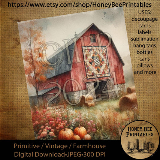 Digital Download, Digital Art, Printable, Decoupage, Vintage, Primitive, Fall, Autumn, Red Barn, Barn Quilt, Farm, Farmhouse, Rustic, #2