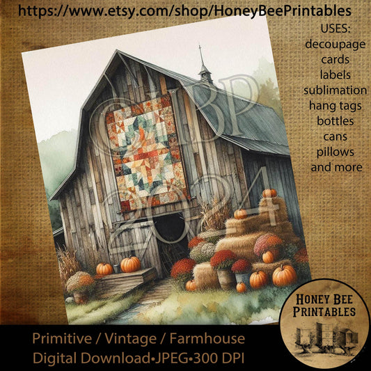 Digital Download, Digital Art, Printable, Decoupage, Vintage, Primitive, Fall, Autumn,  Weathered Barn, Barn Quilt, Farm, Farmhouse, Rustic