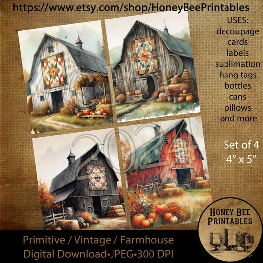 Digital Download, Digital Art, Printable, Decoupage, Vintage, Primitive, Fall, Autumn, Barn, Barn Quilt, Old Barn, Farm, Crafts, Set/ 4, 4x5