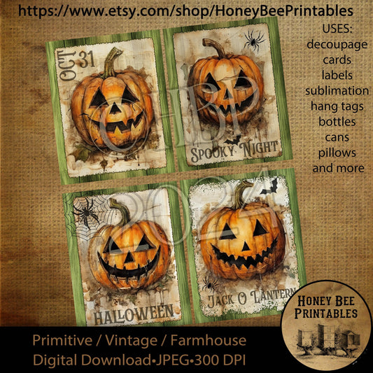 Digital Download, Digital Art, Printable, Decoupage, Primitive, Fall, Autumn, Set/ 4, 4x5, Halloween, Jack-O-Lantern, Pumpkins, Spooky, Oct
