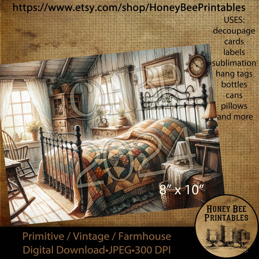 Digital Download, Printable, Decoupage, Vintage, Primitive Bedroom, Country Bedroom, Patchwork, Basket, Rocking Chair, Iron Bed