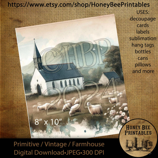 Digital Download, Printable, Decoupage, Vintage, Primitive, Old Country Church, Chapel,  Country Chapel, Sheep Grazing, Sheep, Wildflowers