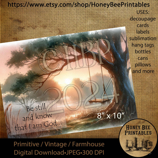 Digital Download, Printable, Decoupage, Vintage, Primitive, Old Tree, Tree Swing, Be Still & Know that I am God, Psalm 46 10, Inspirational