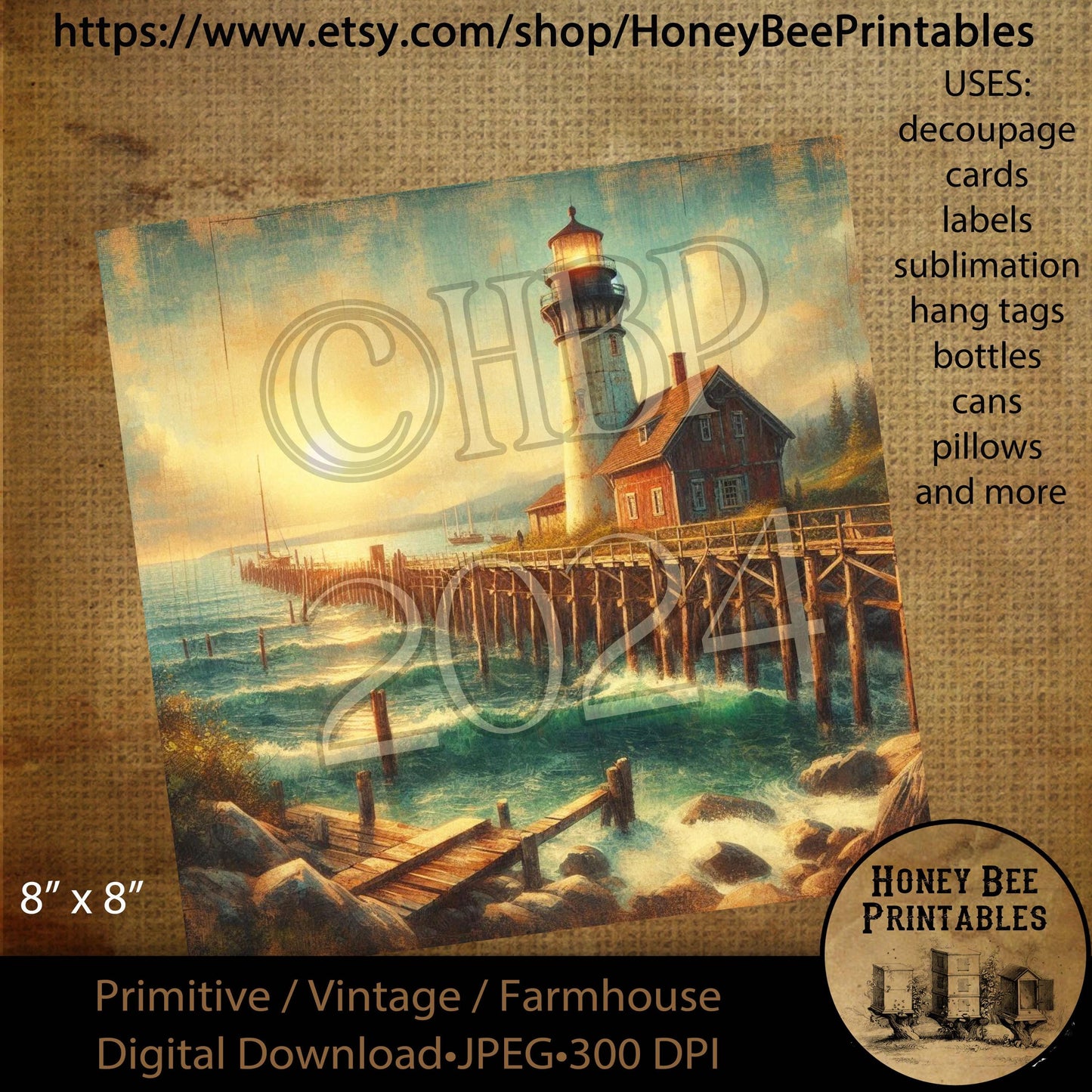 Digital Download, Printable, Decoupage, Vintage, Primitive, 8x8, Lighthouse, Light House, Coastal, Nautical, Ocean, Lighthouse Keeper, #3