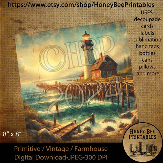 Digital Download, Printable, Decoupage, Vintage, Primitive, 8x8, Lighthouse, Light House, Coastal, Nautical, Ocean, Lighthouse Keeper, #3