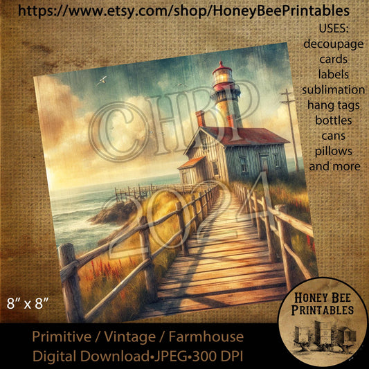Digital Download, Printable, Decoupage, Vintage, Primitive, 8x8, Lighthouse, Light House, Coastal, Nautical, Ocean, Lighthouse Keeper, #4