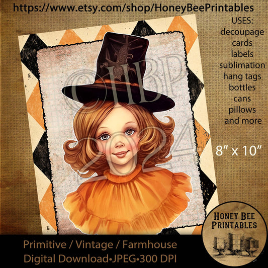 Digital Download, Digital Art, Printable, Decoupage, Vintage, Primitive, Fall, Autumn, Retro Halloween, Witches, Whimsical, Witch, 8x10, #4