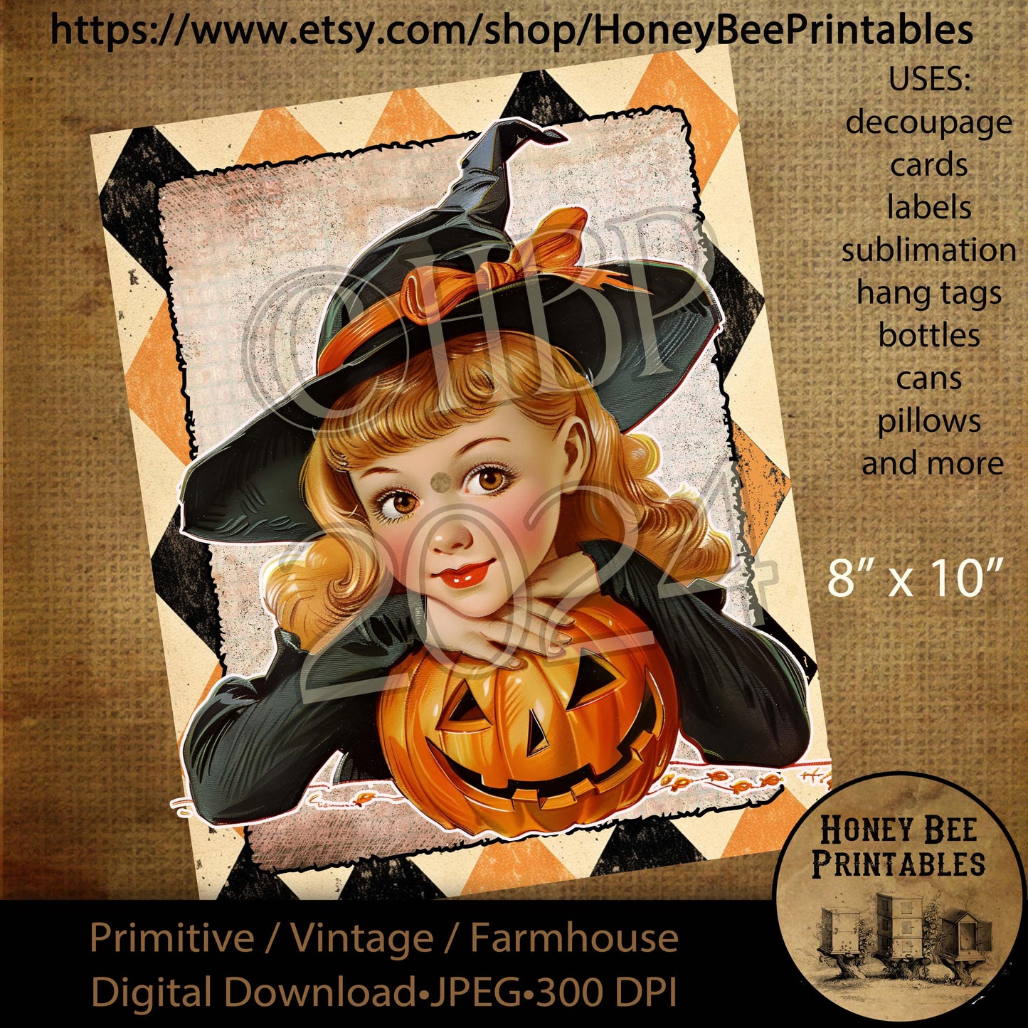 Digital Download, Digital Art, Printable, Decoupage, Vintage, Primitive, Fall, Autumn, Retro Halloween, Witches, Whimsical, Witch, 8x10, #3
