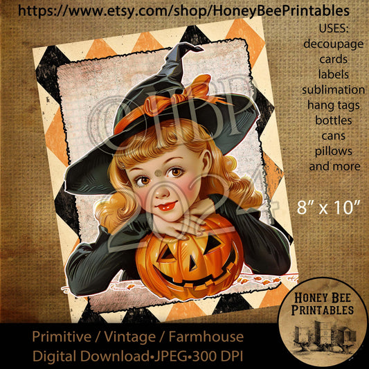 Digital Download, Digital Art, Printable, Decoupage, Vintage, Primitive, Fall, Autumn, Retro Halloween, Witches, Whimsical, Witch, 8x10, #3