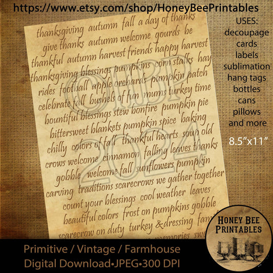Digital Download, Digital Art, Printable, Decoupage, Vintage, Primitive, Fall, Autumn, Thanksgiving, Typography, Subway Art, Fall Words