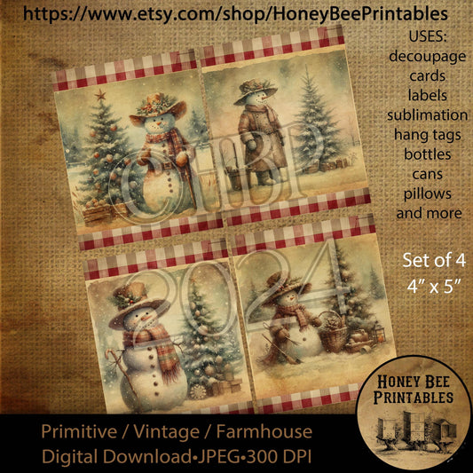 Digital Download, Digital Art, Printable, Decoupage, Vintage, Primitive, Set/ 4, 4x5, Country Snowmen, Snowman, Snow People, Winter