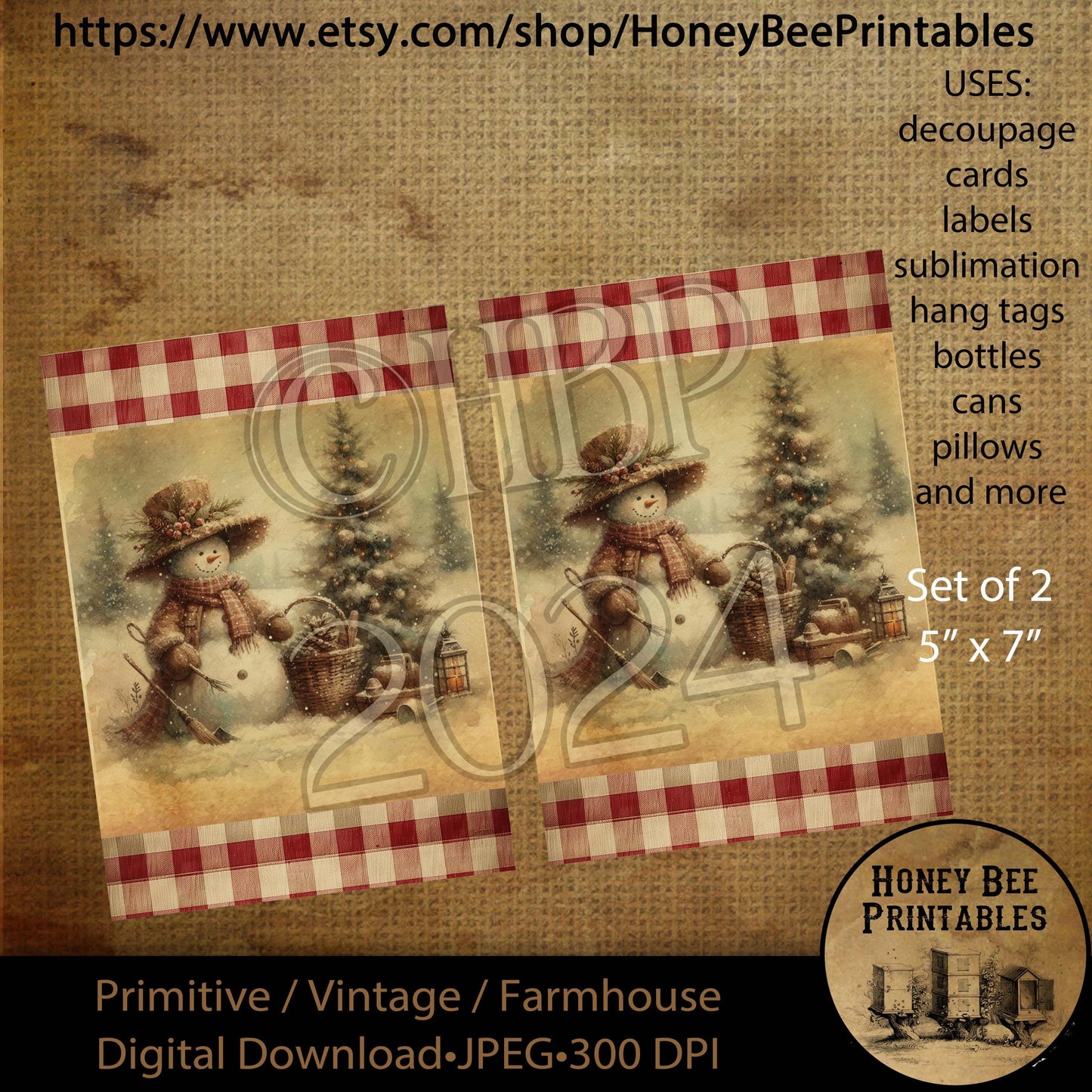 Digital Download, Printable, Decoupage, Vintage, Primitive, Set of 2, 5x7, #2 Country Primitive Snowman, Christmas Tree, Winter, Snowmen