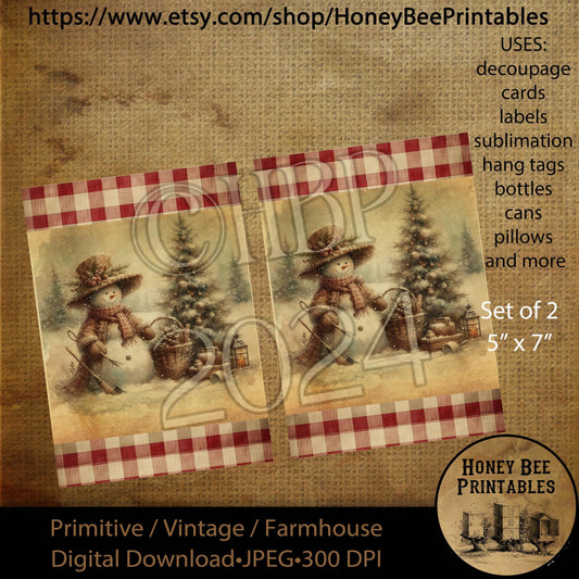 Digital Download, Printable, Decoupage, Vintage, Primitive, Set of 2, 5x7, #2 Country Primitive Snowman, Christmas Tree, Winter, Snowmen