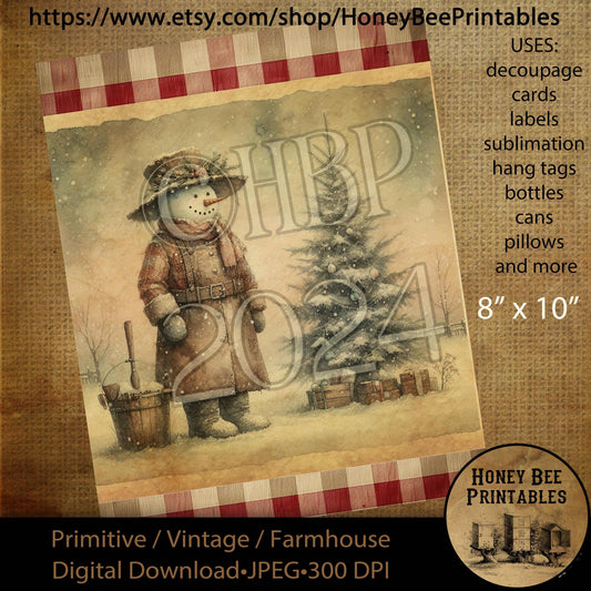 Digital Download, Digital Art, Printable, Decoupage, Craft Supplies, Vintage, Primitive, Snowman, Snowmen, Winter, Country, Snow, 8x10, #4