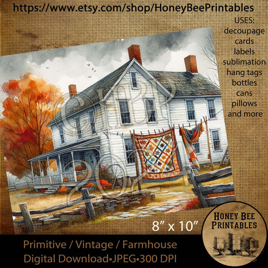 Digital Download, Digital Art, Printable, Decoupage, Vintage, Primitive, Fall, Autumn, Farmhouse, Farm House, Quilt, Old Farm, 8x10, #1