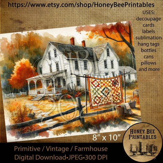 Digital Download, Digital Art, Printable, Decoupage, Vintage, Primitive, Fall, Autumn, Farmhouse, Farm House, Quilt, Old Farm, 8x10, #3