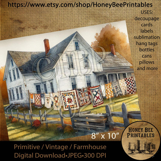 Digital Download, Digital Art, Printable, Decoupage, Vintage, Primitive, Fall, Autumn, Farmhouse, Farm House, Quilt, Old Farm, 8x10, #4