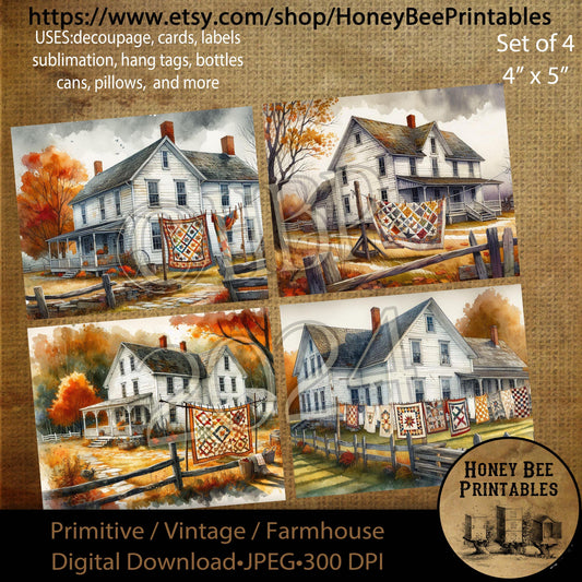 Digital Download, Digital Art, Printable, Decoupage, Vintage, Primitive, Fall, Autumn, Set of 4, 4x5, Farmhouse, Farm House, Quilts, Crafts