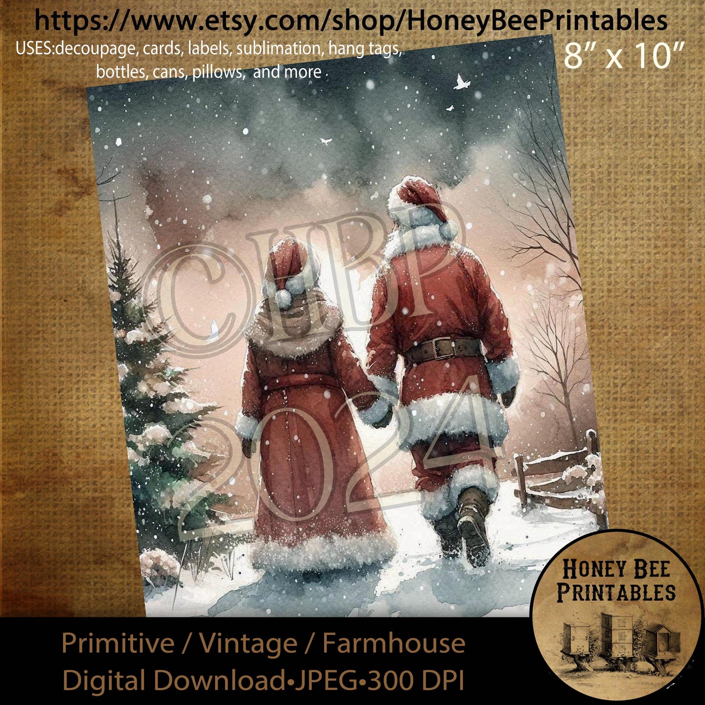 Digital Download, Digital Art, Printable, Decoupage, Craft Supplies, Primitive, Santa Claus, Mrs. Claus, Santa, Christmas, Winter, 8x10, #1
