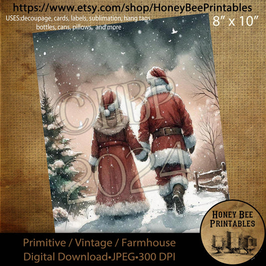 Digital Download, Digital Art, Printable, Decoupage, Craft Supplies, Primitive, Santa Claus, Mrs. Claus, Santa, Christmas, Winter, 8x10, #1