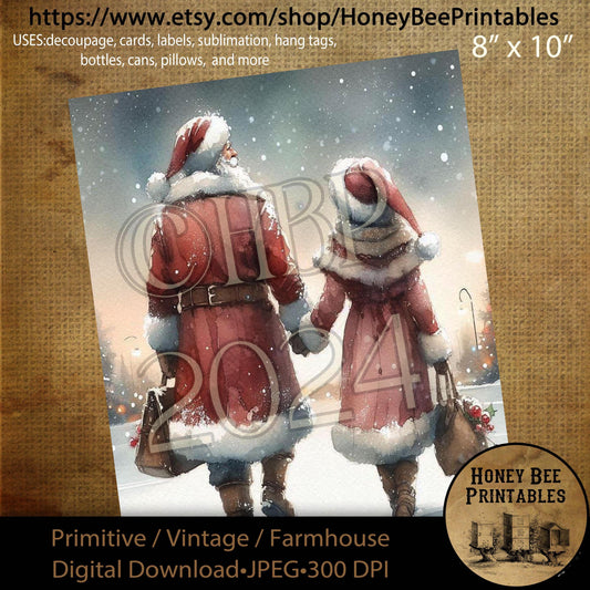 Digital Download, Digital Art, Printable, Decoupage, Craft Supplies, Primitive, Santa Claus, Mrs. Claus, Santa, Christmas, Winter, 8x10, #3