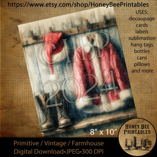 Digital Download, Digital Art, Printable, Decoupage, Craft Supplies, Primitive, Santa Claus, Santa, Santa Suit, Christmas, Winter, 8x10, #1
