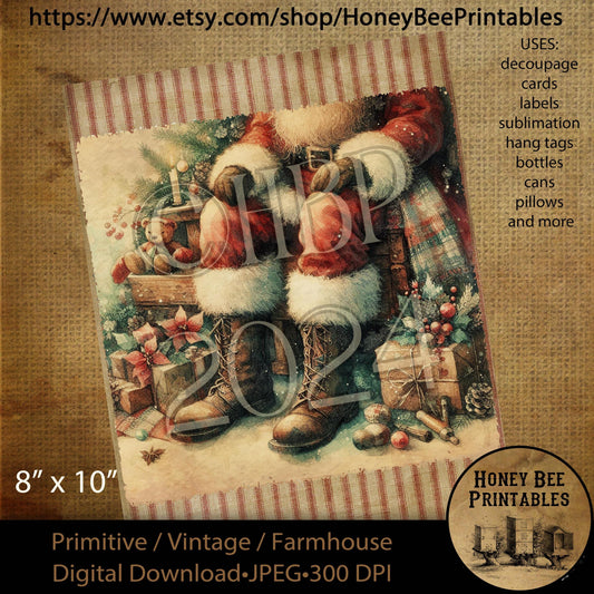 Digital Download, Digital Art, Printable, Decoupage, Craft Supplies, Primitive, Santa Claus, Santa, Santa Legs, Christmas, Winter, 8x10, #2