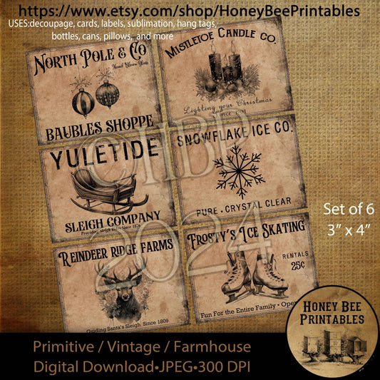 Digital Download, Printable, Decoupage, Vintage, Set / 6, Labels, Primitive Christmas, Sleigh, Reindeer, Frosty, Snowflakes, Ice Skates