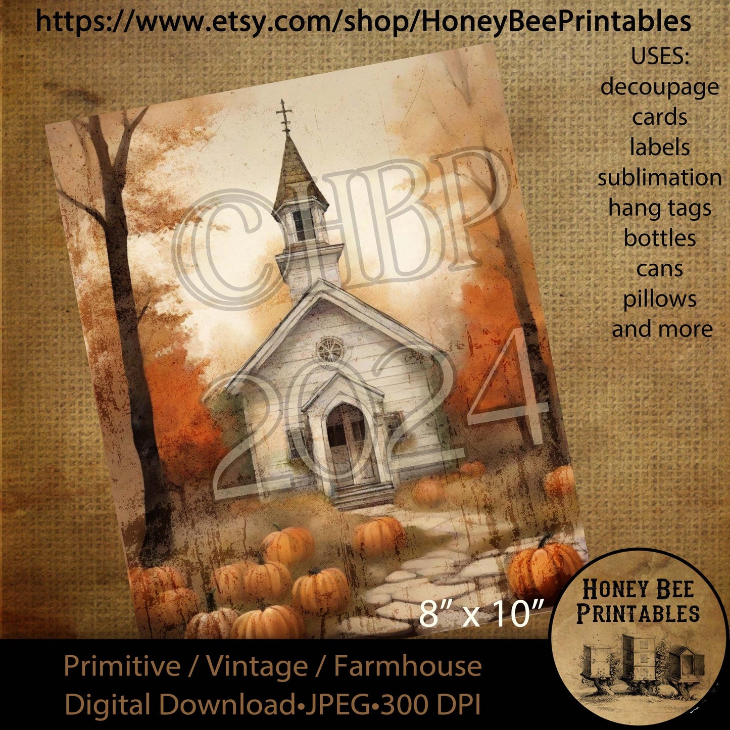 Vintage Primitive Farmhouse Digital Download Printable Decoupage Labels Fall Autumn Old White Church Chapel Pumpkins Harvest Thyme no words