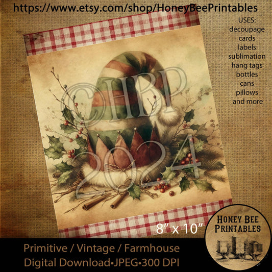 Digital Download, Printable, Decoupage, Sublimations, Vintage, Primitive, Farmhouse, 8x10, Christmas Elf Hat, Elf, Elves, Santa's Elves,