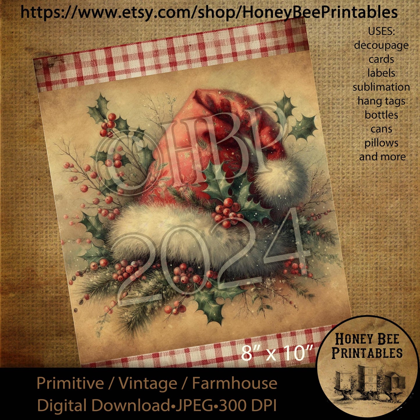 Digital Download, Printable, Decoupage, Sublimation, Vintage, Primitive, Farmhouse, 8x10, Christmas, Santa Hat, Santa's Hat, Santa Claus Hat