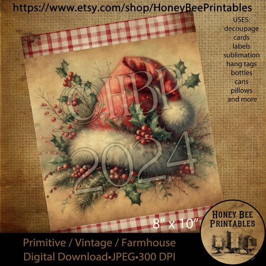 Digital Download, Printable, Decoupage, Sublimation, Vintage, Primitive, Farmhouse, 8x10, Christmas, Santa Hat, Santa's Hat, Santa Claus Hat