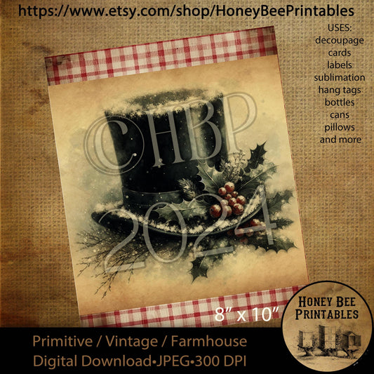 Digital Download, Printable, Decoupage, Sublimation, Vintage, Primitive, Farmhouse, 8x10, Christmas, Black Top Hat, Frosty Hat, Scrooge Hat