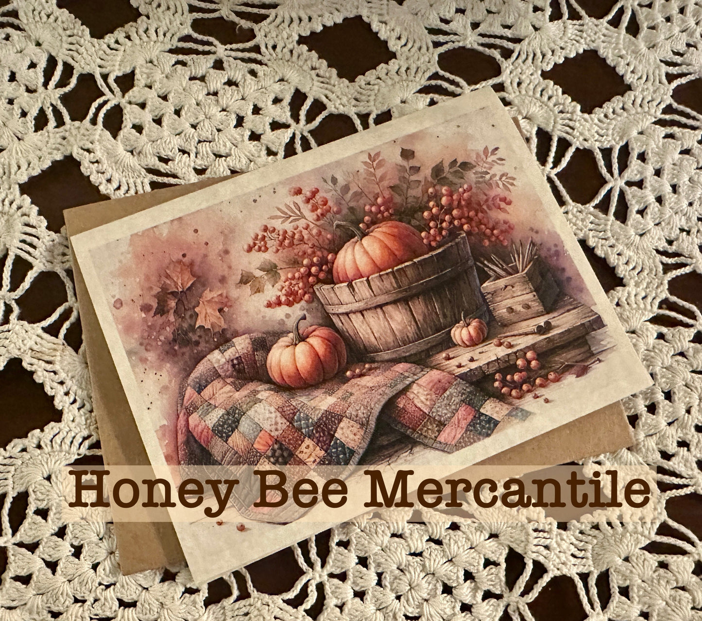 Vintage, Primitive, Farmhouse Style, Set of 6 Note Cards with envelopes, Fall, Autumn Pumpkins, Rustic wood barrel, basket, quilt, pumpkins